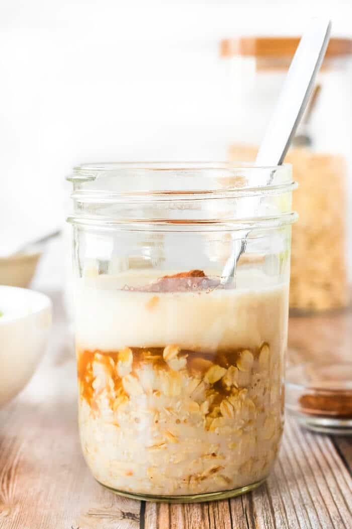 Apple cinnamon overnight oats are a great simple breakfast made with oats, milk, yogurt, brown sugar, cinnamon and chopped apples! CINNAMON APPLE OVERNIGHT OATS
