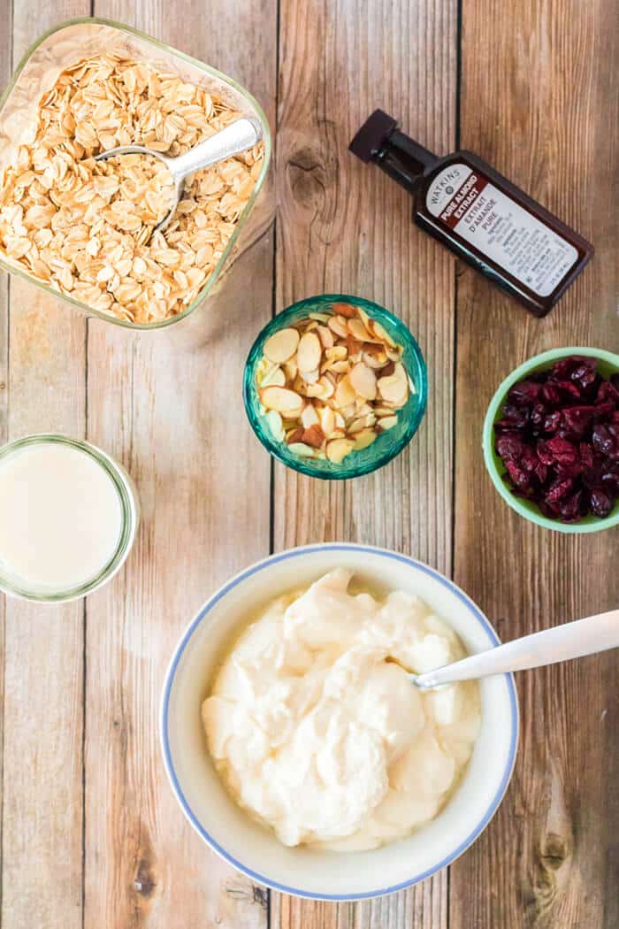 Cranberry overnight oats are an easy breakfast option with oats, yogurt, milk, almond extract and almonds topped with dried cranberries! CRANBERRY OVERNIGHT OATS INGREDIENTS