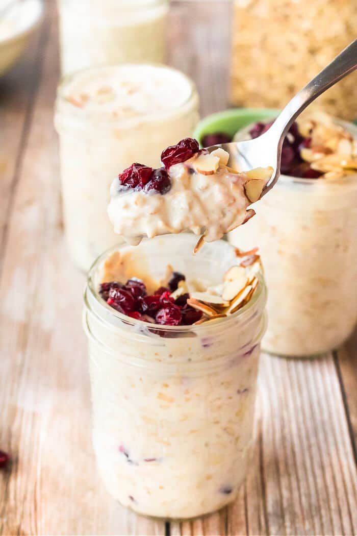 Cranberry overnight oats are an easy breakfast option with oats, yogurt, milk, almond extract and almonds topped with dried cranberries! CRANBERRY OVERNIGHT OATS RECIPE