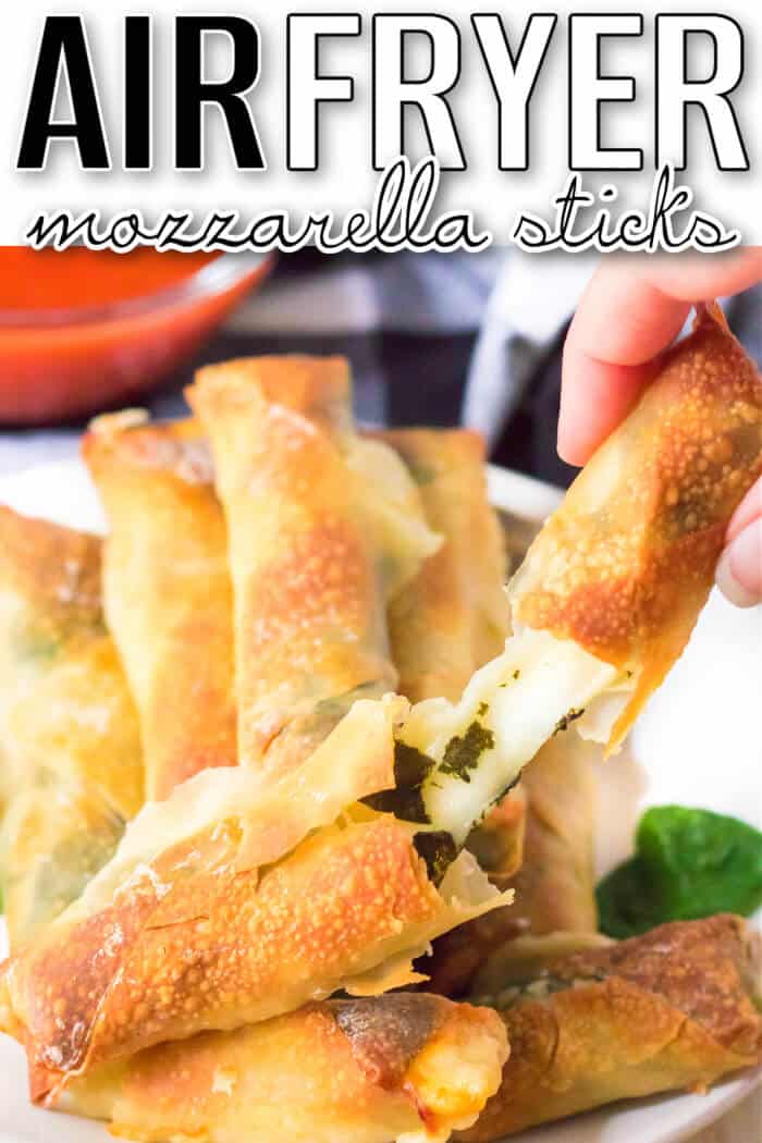 Air fryer spinach mozzarella sticks are an easy recipe made with egg roll wrappers, string cheese and baby spinach for crispy cheese sticks! EASY AIR FRYER MOZZARELLA STICKS