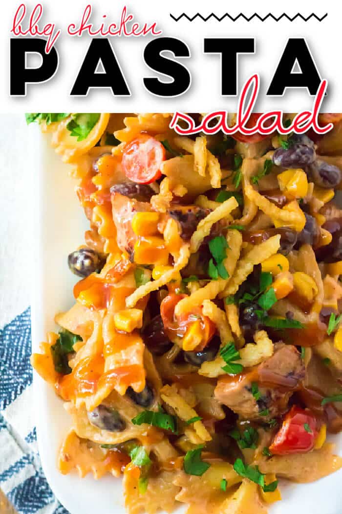 BBQ chicken pasta salad is the perfect side dish for any cookout made with BBQ chicken, ranch, tomatoes, corn, black beans & cilantro! EASY BBQ CHICKEN PASTA SALAD