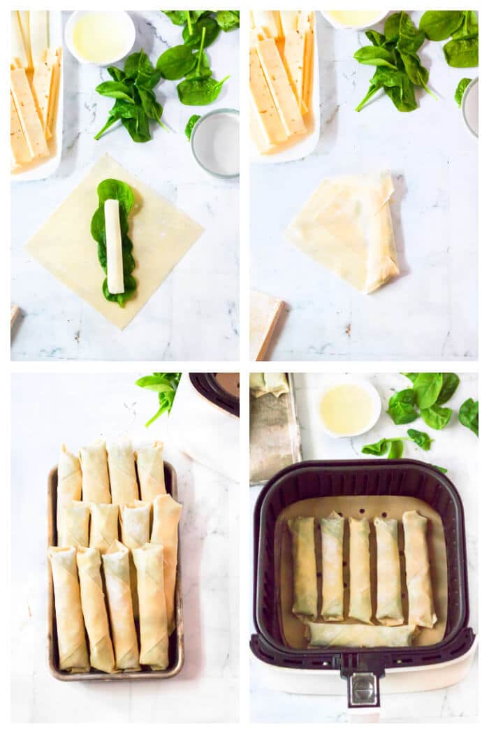 Air fryer spinach mozzarella sticks are an easy recipe made with egg roll wrappers, string cheese and baby spinach for crispy cheese sticks! HOW TO COOK MOZZARELLA STICKS IN AIR FRYER