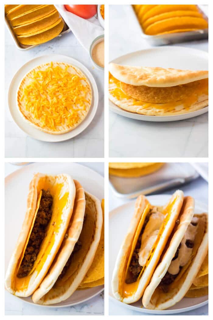 Cheesy Gordita crunch is a crunchy taco with a hard shell wrapped in a pita stuffed with beef, spicy ranch, lettuce, tomato, & more cheese! HOW TO MAKE A CHEESY GORDITA CRUNCH