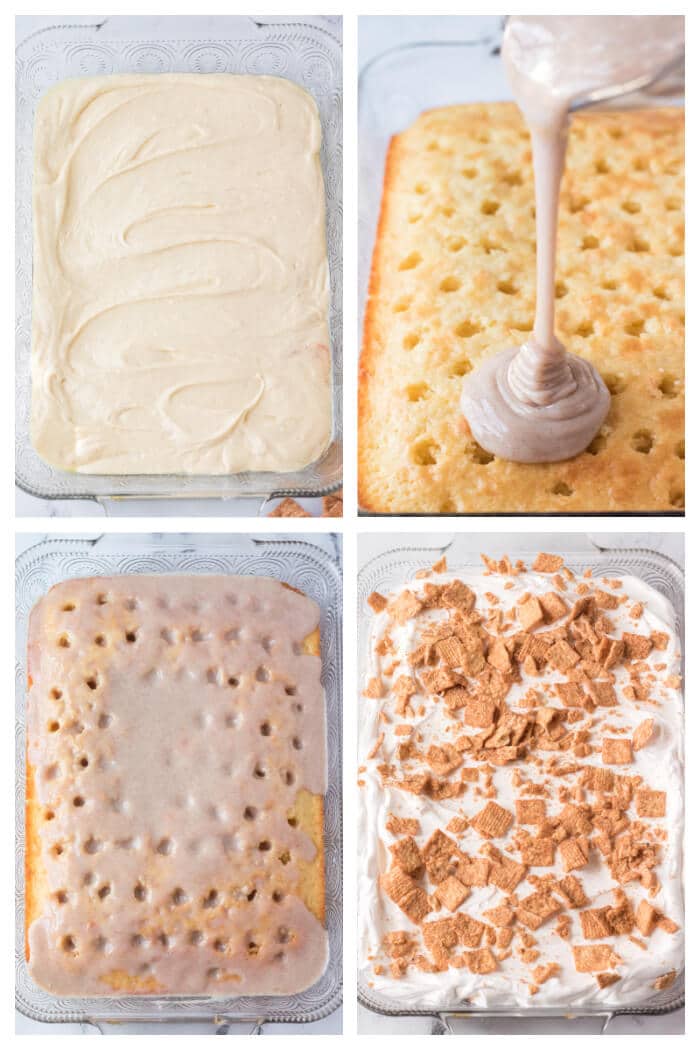 Cinnamon toast crunch poke cake combines cake mix, cinnamon, sweetened condensed milk, whipped topping & cinnamon toast crunch cereal! HOW TO MAKE CINNAMON TOAST CRUNCH POKE CAKE