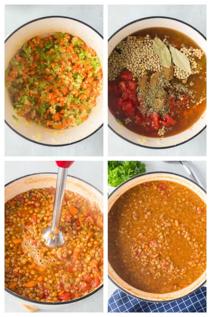 Lentil soup is a flavorful dish made with lentils, celery, carrots, onion, garlic & seasonings for a delicious bowl of soup for a cozy night. HOW TO MAKE LENTIL SOUP