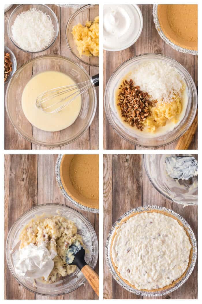 Millionaire pie is a creamy no-bake pie in a graham cracker crust with lemon juice, sweetened condensed milk, pineapple and coconut flakes! HOW TO MAKE MILLIONAIRE PIE