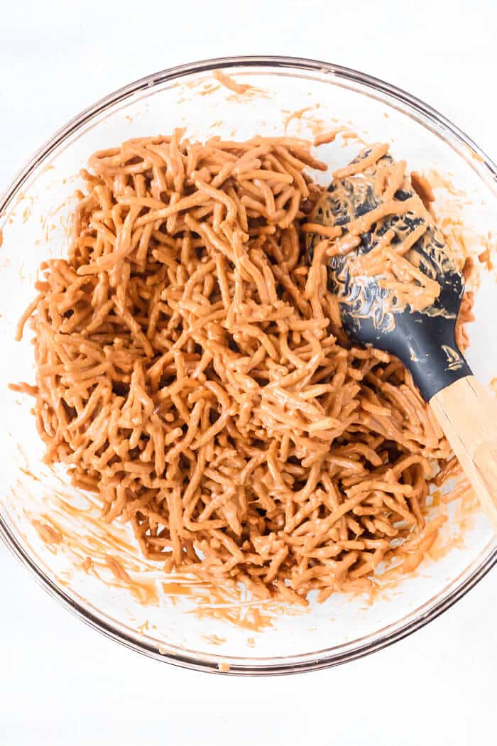 Haystacks are an easy treat made with chow mein noodles, butterscotch and peanut butter to create the cutest little stacks of delicious hay! HOW TO MAKE NO BAKE HAY STACK COOKIES