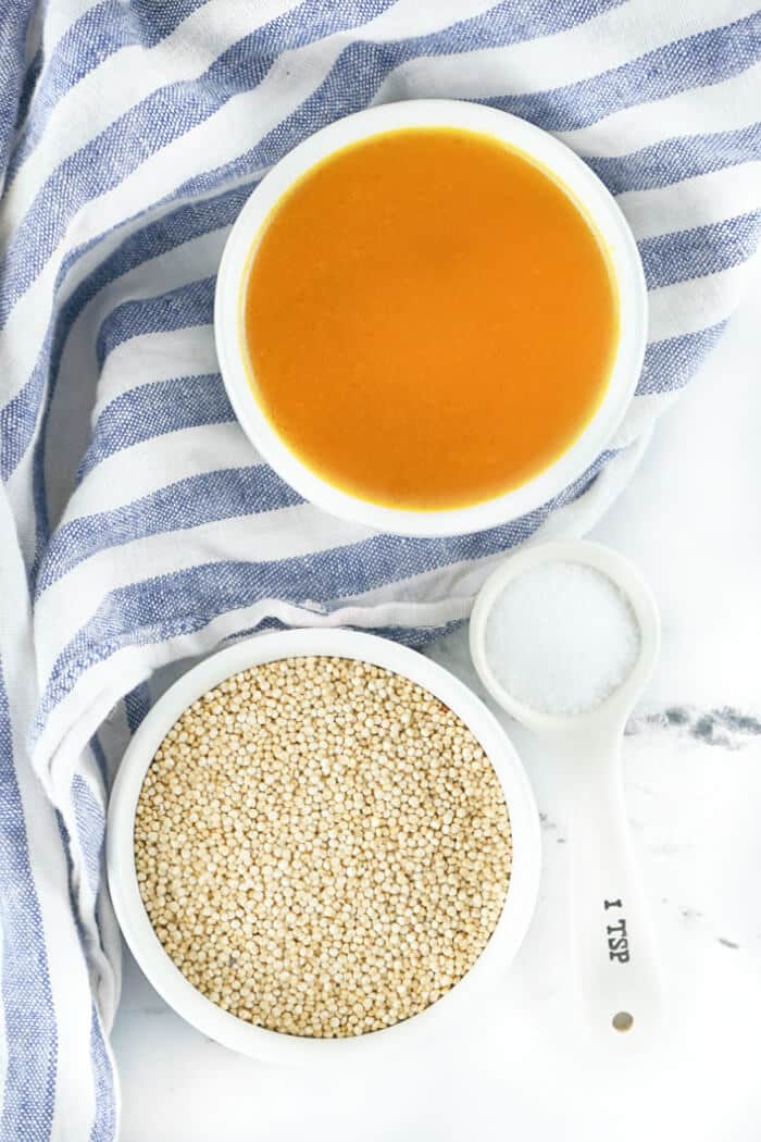 Instant pot quinoa is an easy and quick recipe made with white quinoa, vegetable broth and salt to get perfectly fluffy quinoa every time! INSTANT POT QUINOA INGREDIENTS