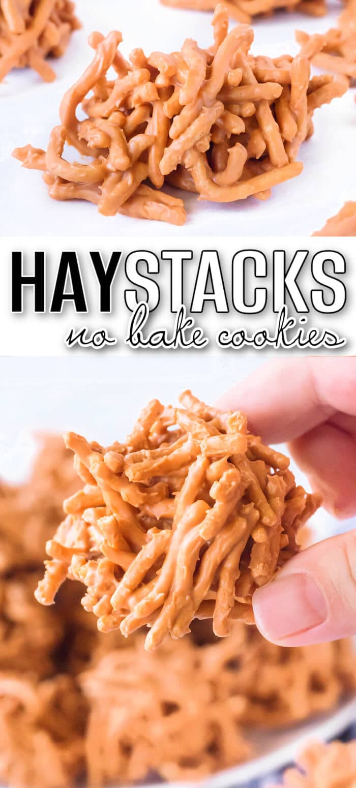 Haystacks are an easy treat made with chow mein noodles, butterscotch and peanut butter to create the cutest little stacks of delicious hay! NO BAKE HAYSTACK COOKIES