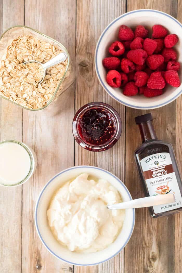 Raspberry overnight oats are a creamy, sweet breakfast made with rolled oats, milk, yogurt and raspberry preserves! RASPBERRY OVERNIGHT OATS INGREDIENTS