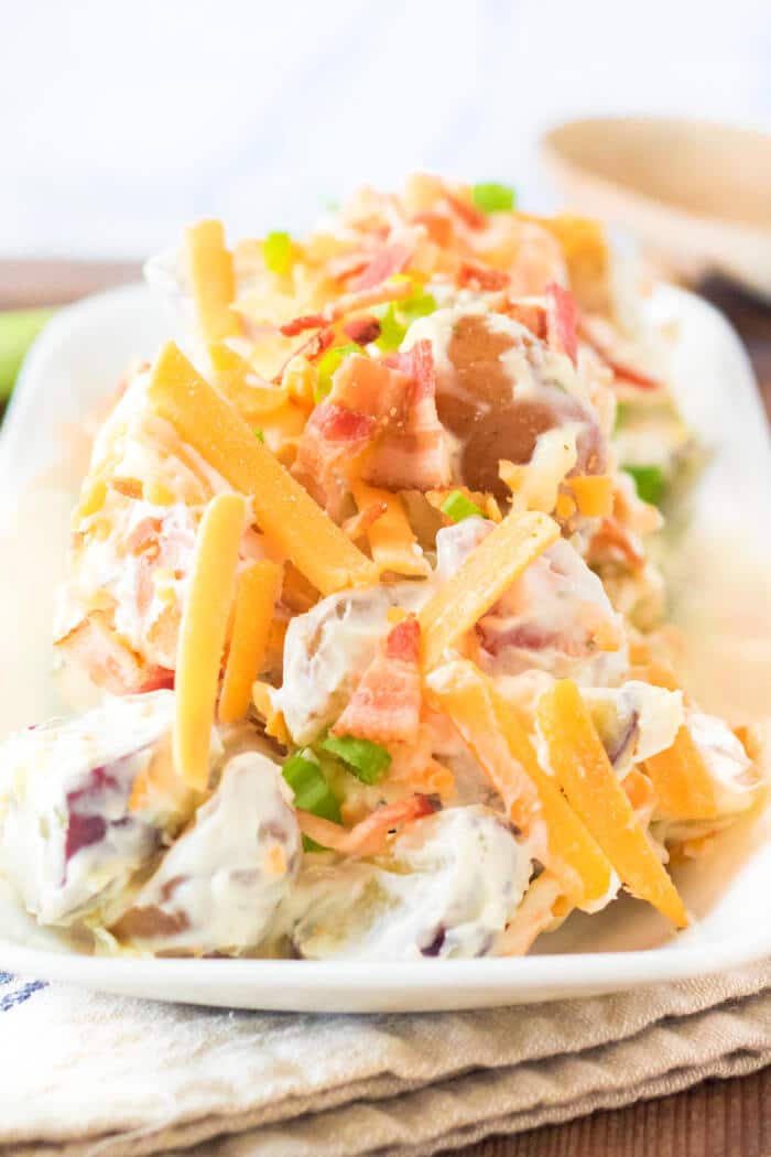 Loaded potato salad is a flavorful spin potato salad with potatoes, Ranch seasoning, bacon, shredded cheddar cheese and scallions! RECIPE FOR LOADED BAKED POTATO