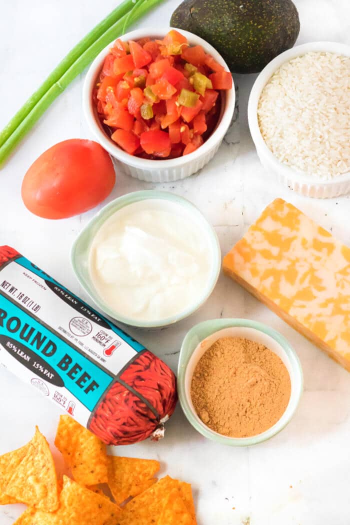 Taco rice is a fantastic one pot meal made with ground beef, taco seasoning, rotel tomatoes, rice and colby jack cheese. TACO RICE INGREDIENTS