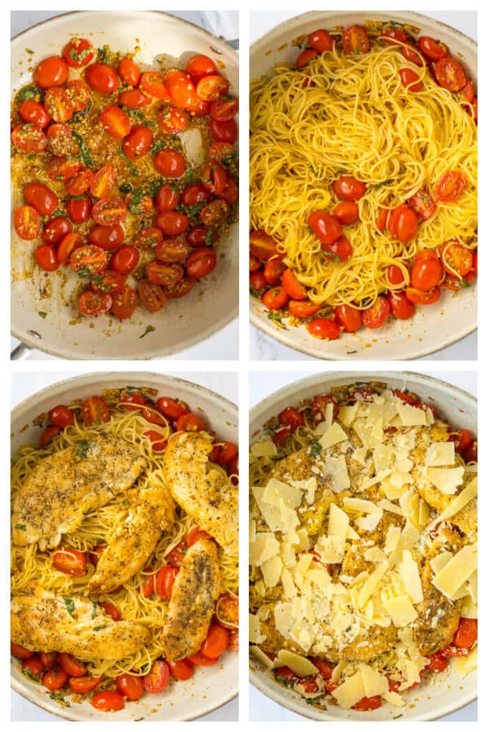 Bruschetta chicken pasta is a flavorful dish made with pasta, tomatoes, basil, garlic, balsamic glaze & chicken, topped with parmesan cheese! BRUSCHETTA CHICKEN PASTA RECIPE