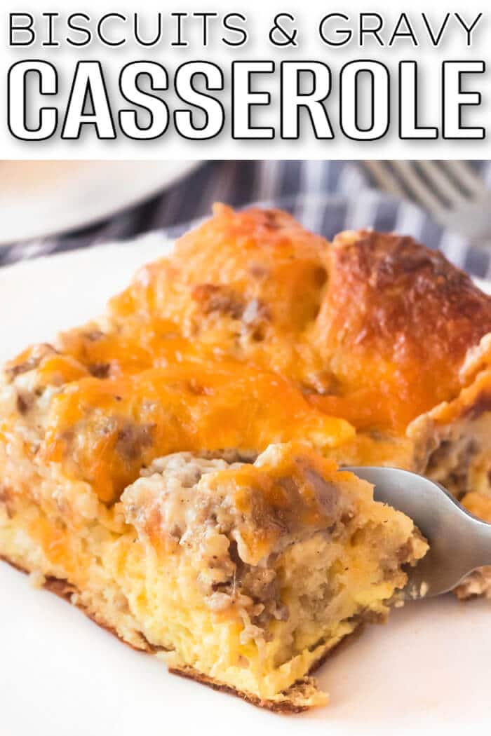 Biscuits and gravy casserole is one of our favorite breakfasts made with breakfast sausage, biscuits and a homemade gravy topped with cheese! EASY BISCUITS AND GRAVY CASSEROLE