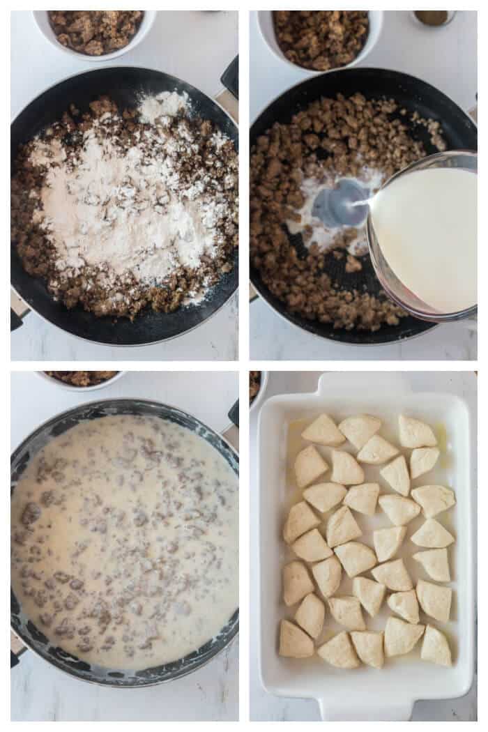 Biscuits and gravy casserole is one of our favorite breakfasts made with breakfast sausage, biscuits and a homemade gravy topped with cheese! HOW DO YOU MAKE BISCUITS AND GRAVY CASSEROLE