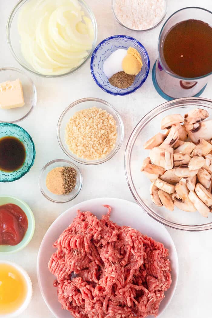 Salisbury steak is a classic dish made with seasoned ground beef cooked with sautéed mushrooms and onions in a delicious homemade gravy! SALISBURY STEAK INGREDIENTS
