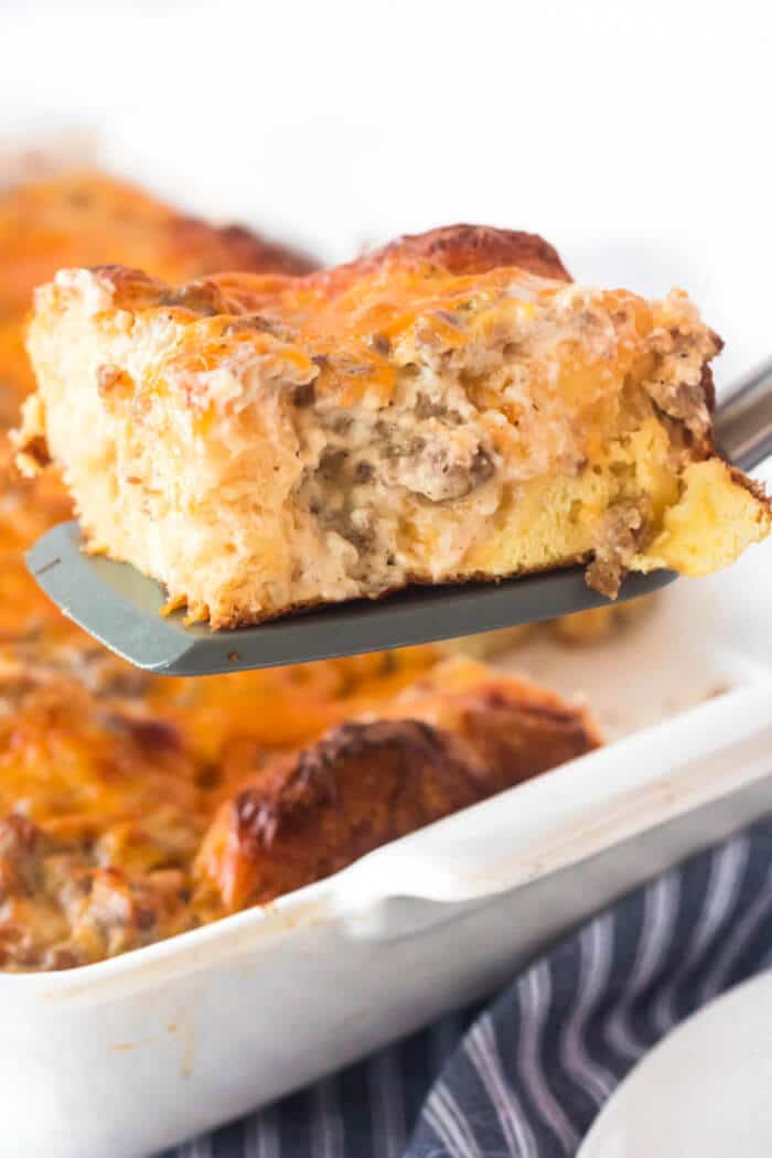 Biscuits and gravy casserole is one of our favorite breakfasts made with breakfast sausage, biscuits and a homemade gravy topped with cheese! SAUSAGE BISCUITS AND GRAVY CASSEROLE