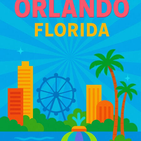 Graphic image featuring landmarks from Orlando, Florida for article about visiting Orlando, Florida.