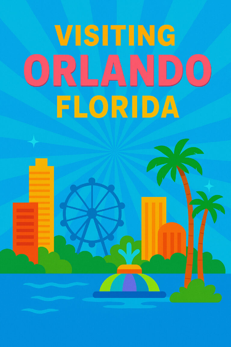 Graphic image featuring landmarks from Orlando, Florida for article about visiting Orlando, Florida.