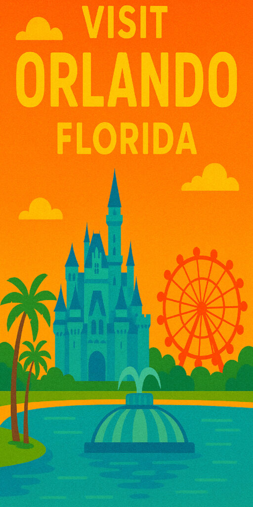 Vintage-style travel poster promoting Orlando, Florida, featuring vibrant colors and a whimsical design with a fairy tale castle, Ferris wheel, palm trees, and stylized water elements. Bold yellow text reading 'Visit Orlando' sits against a bright, sunny background with rich orange, blue, and green hues